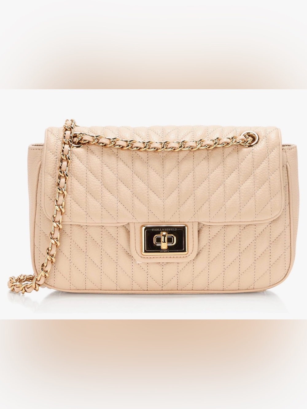 Karl Lagerfeld Quilted Beige Leather Shoulder Bag with Gold Chain